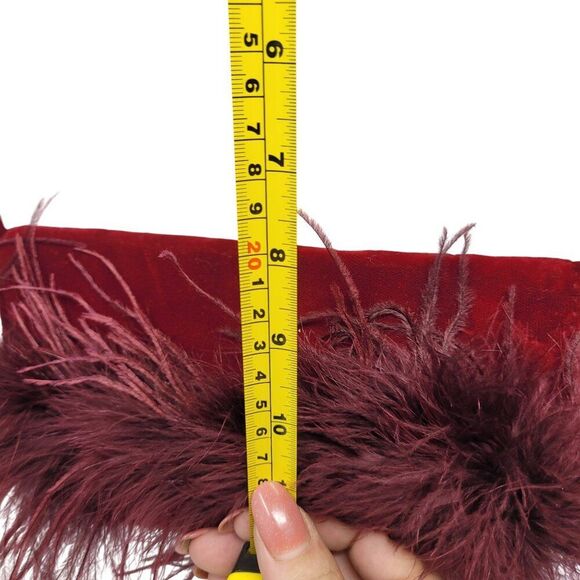 Vtg BeBe Red Maroon Wine Velvet Evening Bag Feather Fringe Formal Shoulder Bag - Picture 4 of 16